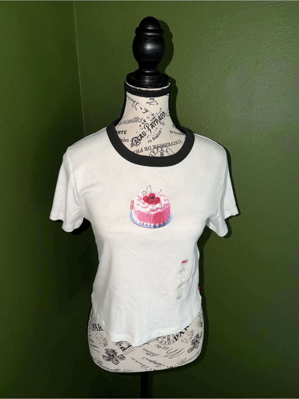Levi's White Ringer Tee with Black Trim and Pink Cake Motif